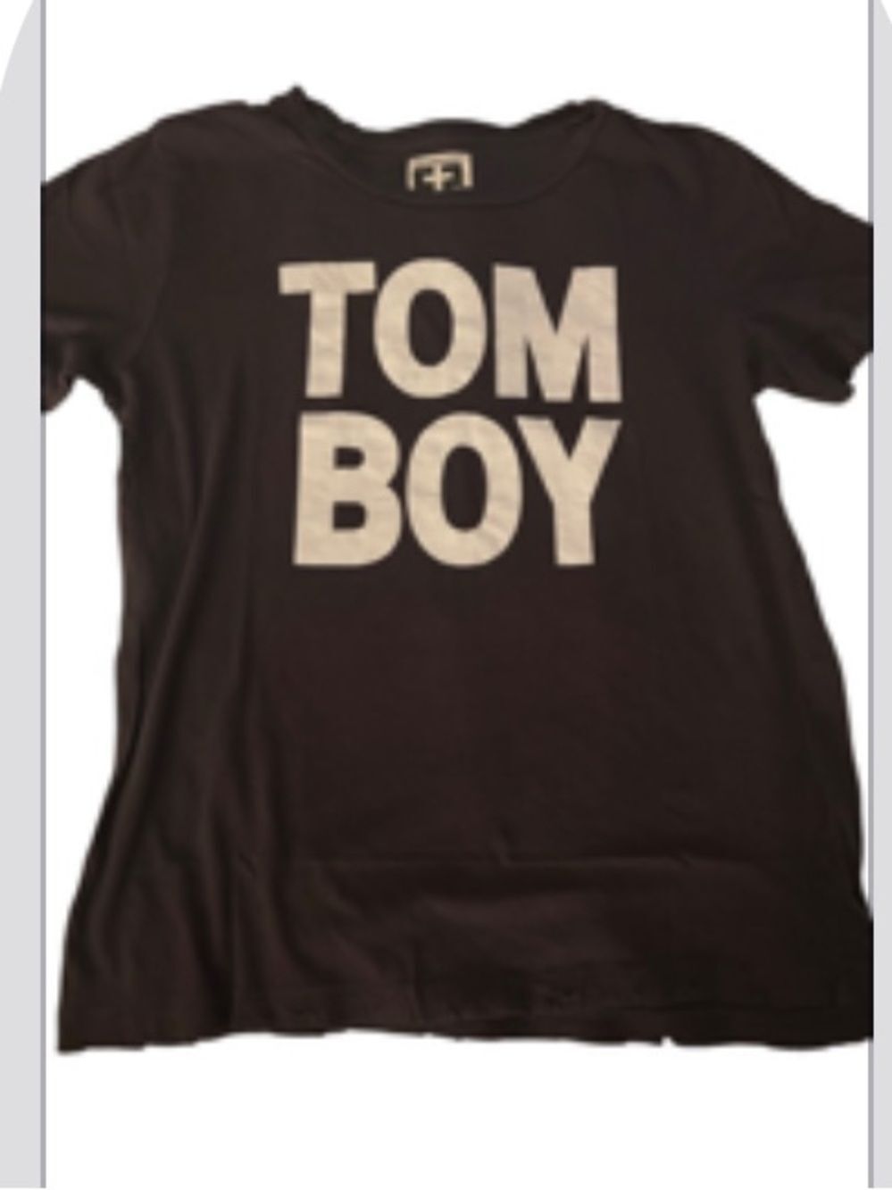 Petals and peacocks, intentionally, distressed Black "TOM BOY"  Tee medium